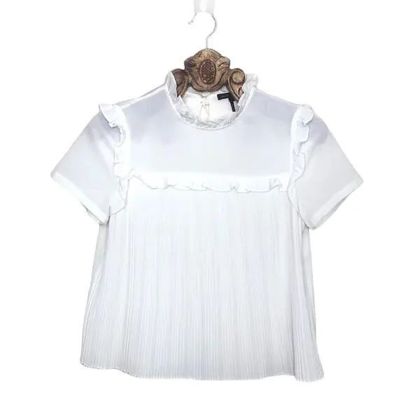 Maje Top Lamou Blouse Bow Back White High Neck Ruffle Pleated Short Sleeve